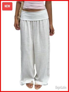 Boho Fold Over Palazzo Pants Low Rise Wide Leg Lounge Trousers Resort Wear Linen